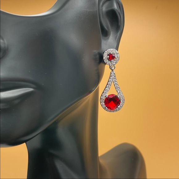 925 Sterling Silver Red Ruby Diamond Tear Drop Pear Cut Elegant Dangle Earrings - Picture 7 of 13